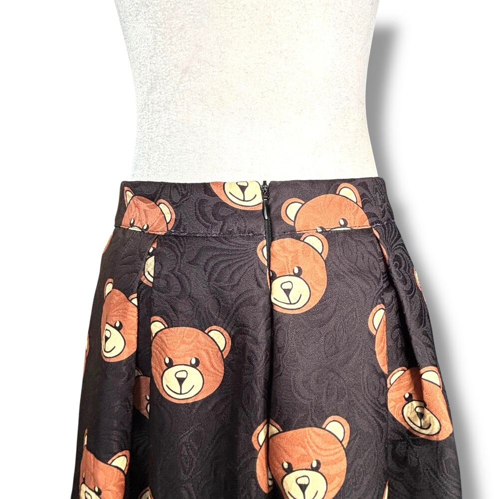 Teddy Bear Print Black Jacquard Pleated FloMidi Skirt Kawaii Harajuku Retro - Picture 6 of 11
